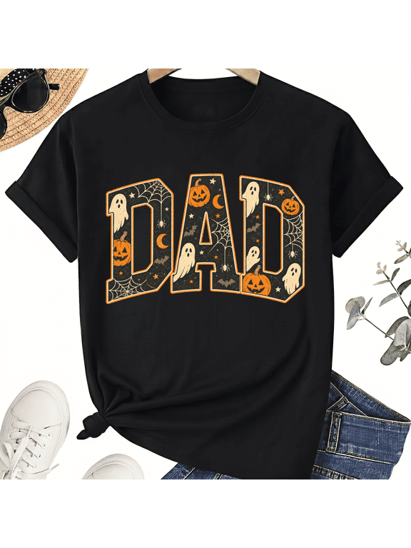 Dad Halloween Word Art Ghosts Pumpkins Spiderweb Letters Cotton Unisex Graphic T-Shirt