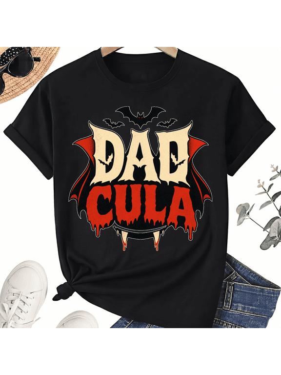 Dadcula Dracula Cape Halloween Dad Stacked Letters Cotton Unisex Graphic T-Shirt