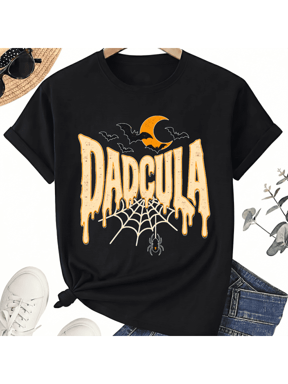 Dadcula Retro Halloween Dad Cream Dripping Moon Bats Cotton Unisex Graphic T-Shirt