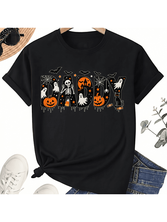 Daddy Cute Halloween Dad Doodle Letters Skeleton Ghosts Pumpkins Cotton Unisex Graphic T-Shirt