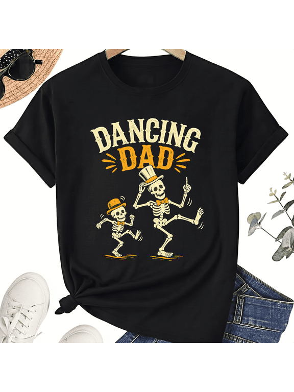 Dancing Dad Funny Halloween Skeleton Duo Top Hat Cotton Unisex Graphic T-Shirt