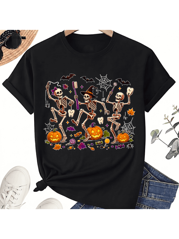 Dancing Skeletons Holding Dental Teeth Tools Fun Halloween Cotton Unisex Graphic T-Shirt