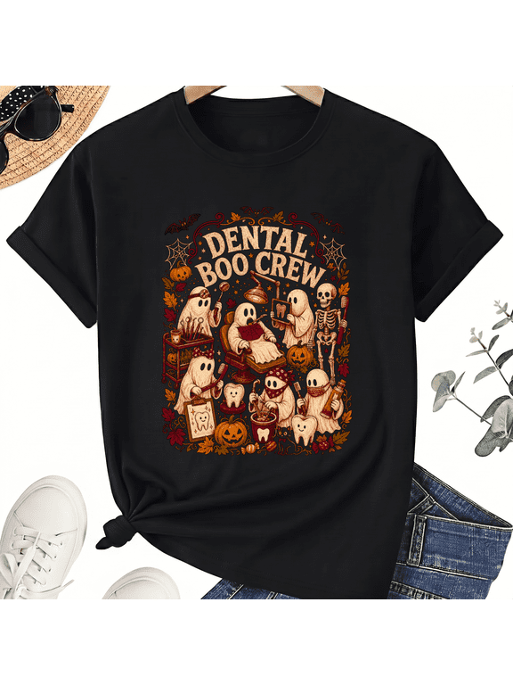 Dental Boo Crew Ghost Dentist Chair Skeleton Vintage Halloween Cotton Unisex Graphic T-Shirt
