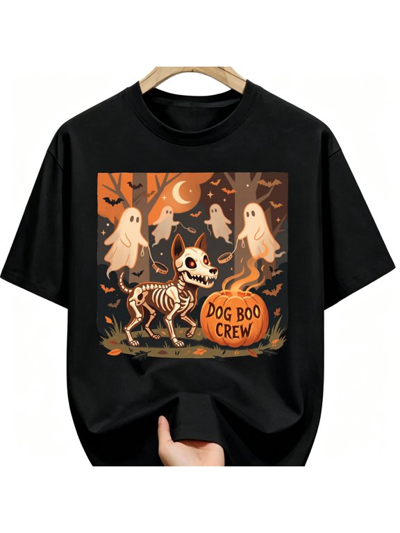 Dog Boo Crew Skeleton Dog And Ghost Walkers Woods Family Halloween Cotton Unisex Graphic T-Shirt