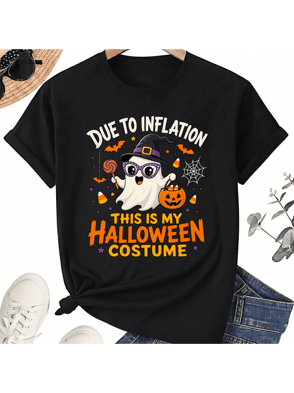 Due To Inflation This Is My Halloween Costume Cute Witch Ghost Cotton Unisex Graphic T-Shirt