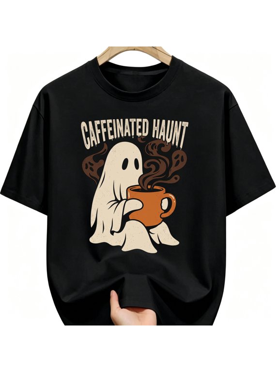 Funny Caffeinated Haunt Ghost Skull Steam Mug Halloween Cotton Unisex Graphic T-Shirt
