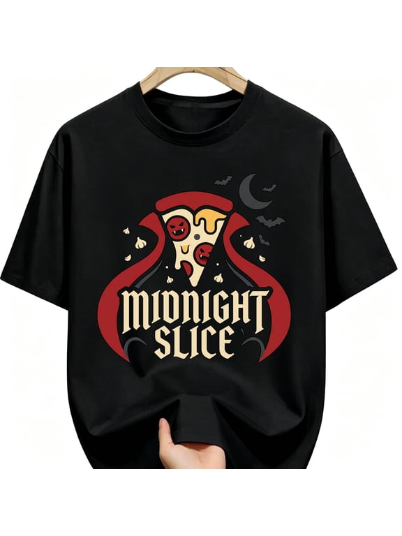 Funny Midnight Slice Vampire Pizza Red Cape Halloween Cotton Unisex Graphic T-Shirt