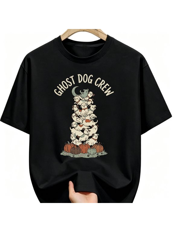 Ghost Dog Crew Tall Stack Of Puppies Moon Halloween Cotton Unisex Graphic T-Shirt