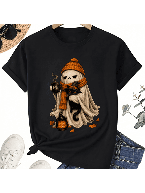 Grumpy Beanie Ghost Meh Mug Holding Kitten Cozy Halloween Cat Cotton Unisex Graphic T-Shirt
