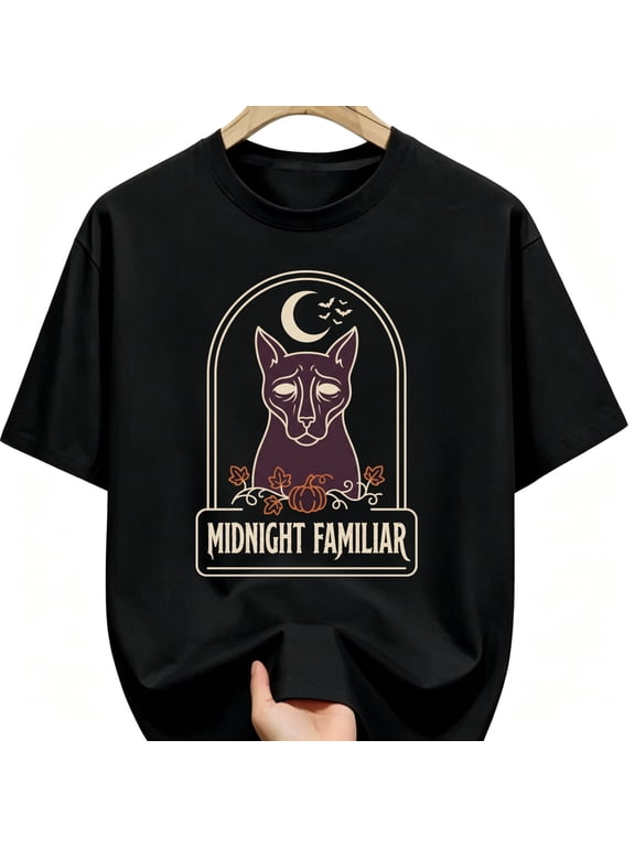 Grumpy Black Cat Gothic Arch Crescent Moon Pumpkins Halloween Cotton Unisex Graphic T-Shirt