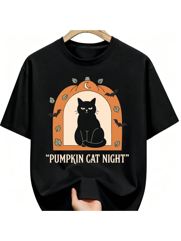 Grumpy Black Cat In Pumpkin Arch Moon Bats Halloween Cotton Unisex Graphic T-Shirt