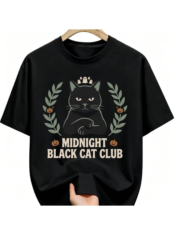 Grumpy Black Cat Laurel Wreath Little Ghosts Pumpkins Halloween Cotton Unisex Graphic T-Shirt