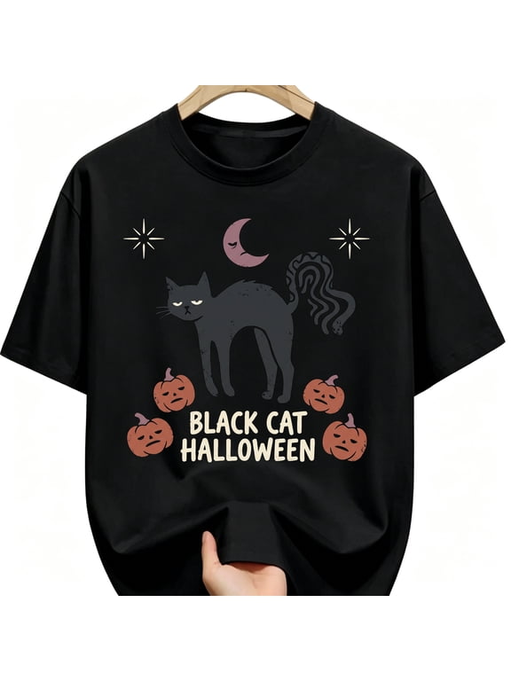 Grumpy Black Cat Swirly Tail Sad Moon Pumpkins Halloween Cotton Unisex Graphic T-Shirt