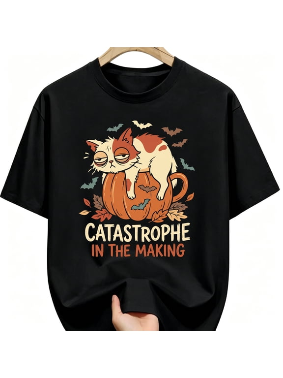Grumpy Chonky Cat On Pumpkin Teapot Bats Leaves Halloween Cotton Unisex Graphic T-Shirt