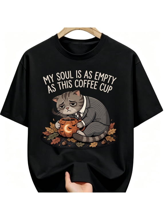 Grumpy Tabby Cat Empty Coffee Cup Suit Funny Halloween Cotton Unisex Graphic T-Shirt