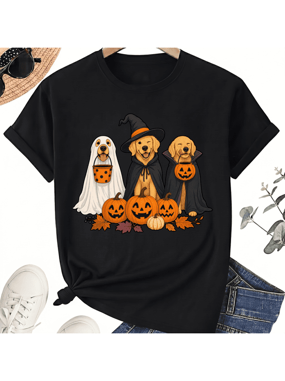 Halloween Golden Retriever Dogs Ghost Witch Vampire Costumes Cotton Unisex Graphic T-Shirt