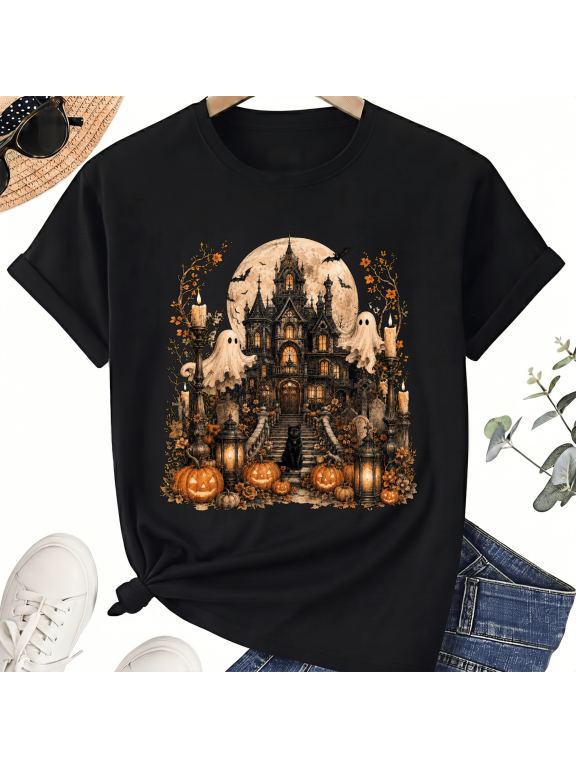 Haunted Castle Ghosts Full Moon Tiny Black Cat Spooky Halloween Cotton Unisex Graphic T-Shirt