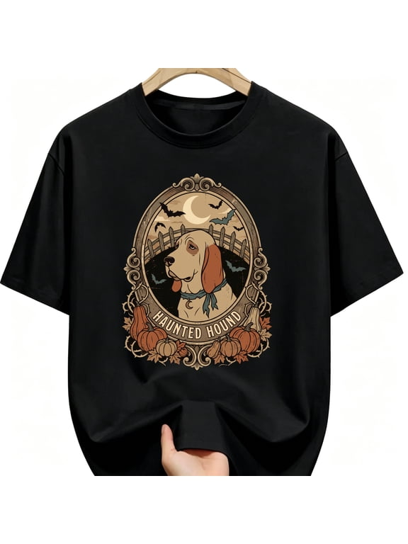 Haunted Hound Basset Hound Dog Ornate Frame Halloween Cotton Unisex Graphic T-Shirt