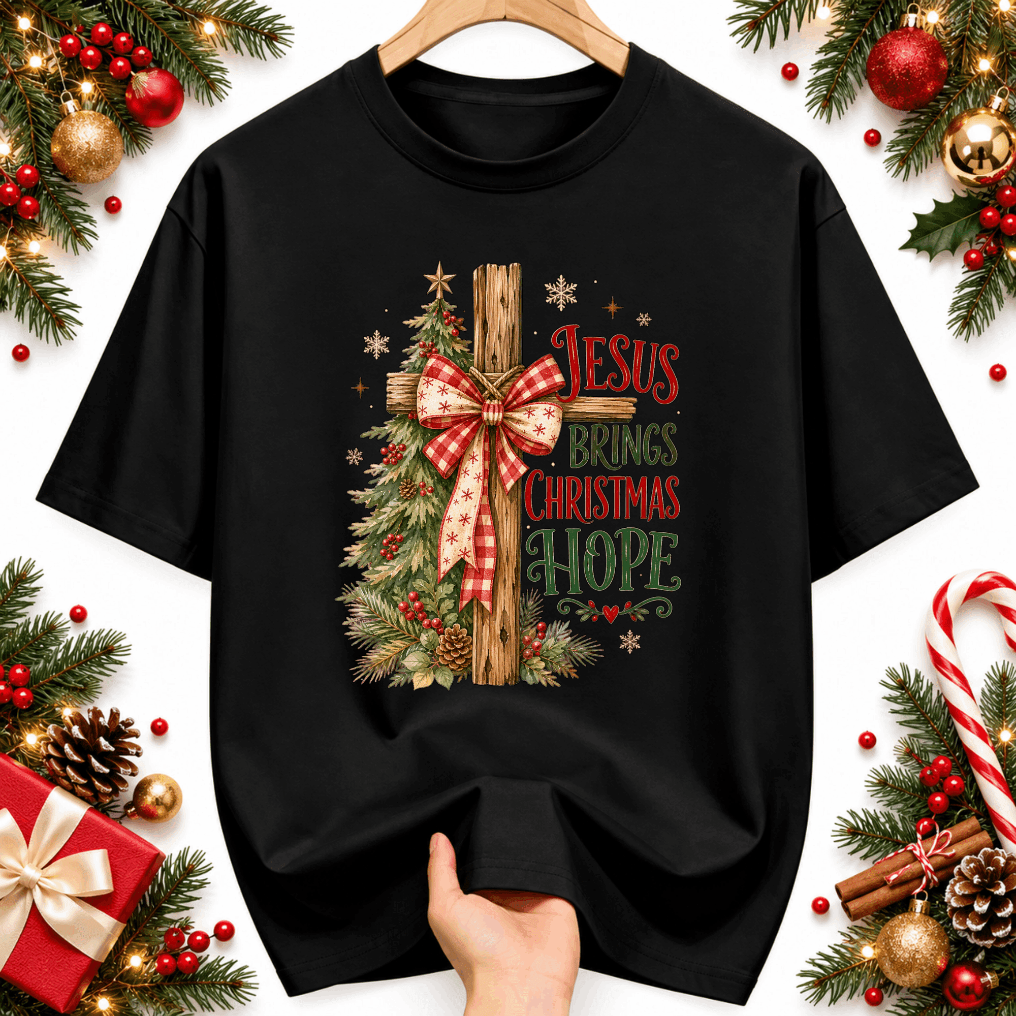 KeHetSoft Jesus Brings Christmas Hope Gingham Cross Graphic Unisex T ...