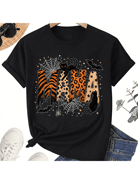 Leopard Tiger Print Mama Mom Black Cat Spooky Halloween for Women Cotton Graphic T-Shirt