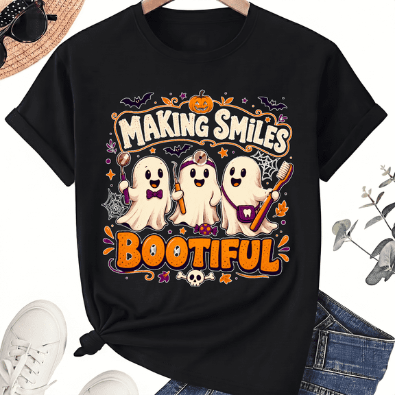 KeHetSoft Making Smiles Bootiful Dental Ghost Teeth Cute Halloween Pun Cotton Unisex Graphic T-Shirt