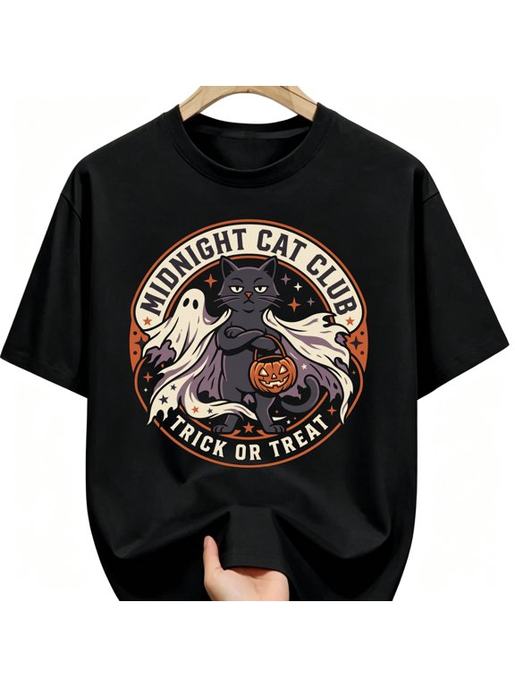 Midnight Cat Club Cape Cloak Pumpkin Pail Ghost Halloween Cotton Unisex Graphic T-Shirt