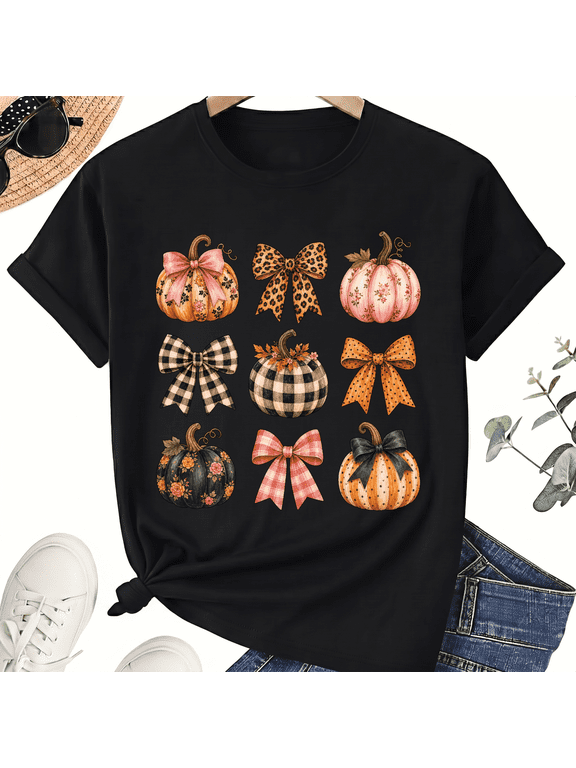 Mixed Bows Mini Gourds Leopard Gingham Halloween Pumpkin Grid for Women Cotton Graphic T-Shirt