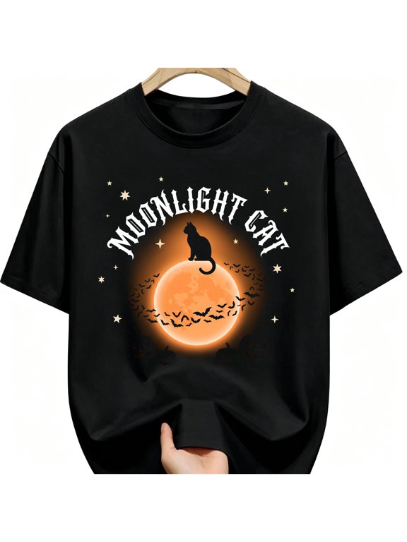 Moonlight Black Cat On Orange Moon With Bats Halloween Cotton Unisex Graphic T-Shirt