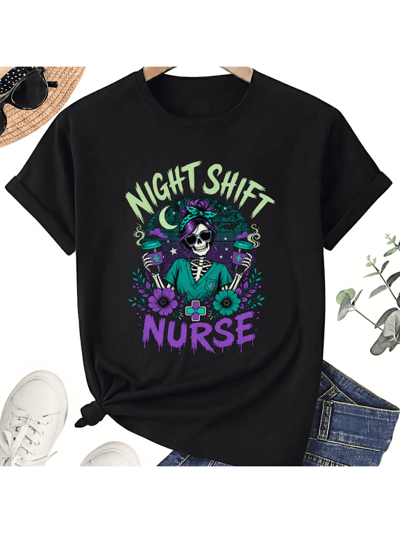 Night Shift Halloween Nurse Skeleton Coffee Floral Cotton Unisex Graphic T-Shirt