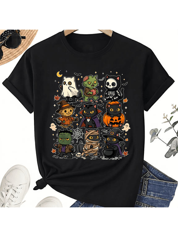 Nine Cats In Monster Costumes Grid Cute Halloween Cat Collection Cotton Unisex Graphic T-Shirt