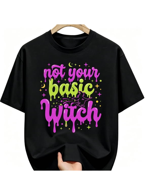 Not Your Basic Witch Drippy Neon Letters Black Cat Halloween Cotton Unisex Graphic T-Shirt