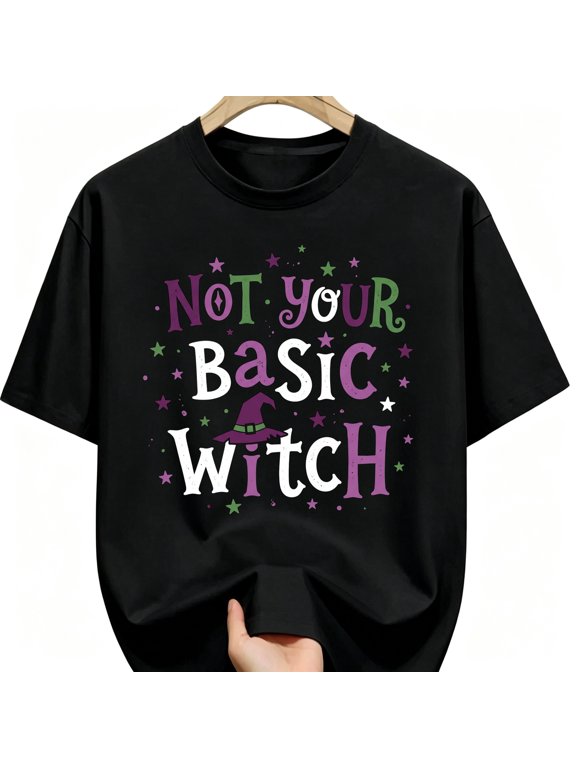 Not Your Basic Witch Multicolor Letters Witch Hat Stars Halloween Cotton Unisex Graphic T-Shirt
