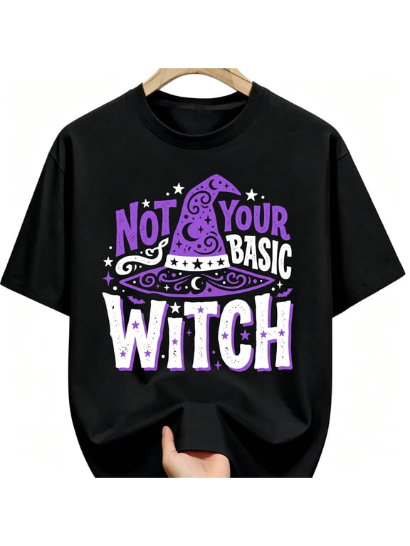 Not Your Basic Witch Purple Hat Stars Bats Halloween Cotton Unisex Graphic T-Shirt