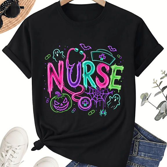 KeHetSoft Nurse Halloween Neon Stethoscope Ghost Spiderweb Cotton Unisex Graphic T-Shirt