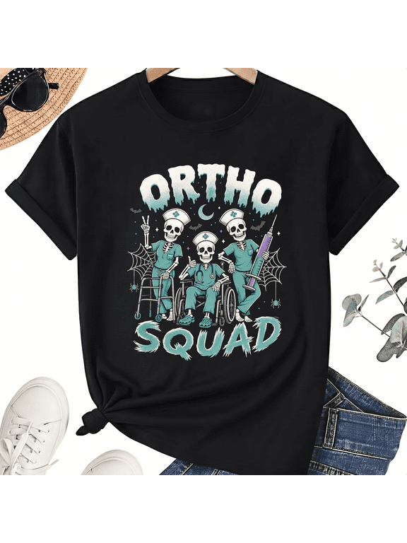 Ortho Nurse Halloween Skeleton Crew Crutches Wheelchair Cotton Unisex Graphic T-Shirt