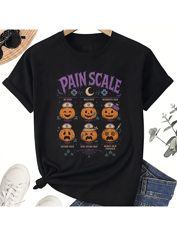 Pain Scale Funny Halloween Nurse Pumpkin Faces Chart Cotton Unisex Graphic T-Shirt