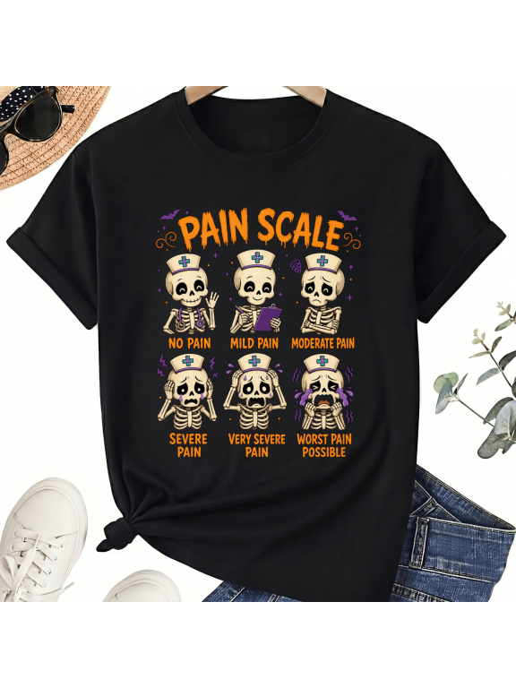 Pain Scale Funny Halloween Nurse Skeleton Faces Chart Cotton Unisex Graphic T-Shirt