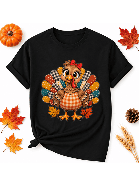 Patchwork Bow Turkey Thanksgiving Cotton Graphic Unisex T-Shirt