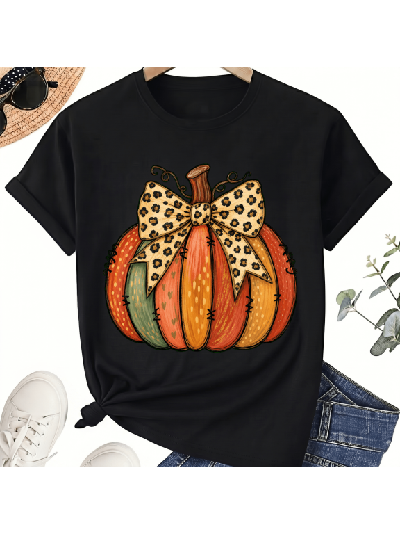 Patchwork Leopard Bow Colorful Coquette Halloween Pumpkin for Women Cotton Graphic T-Shirt