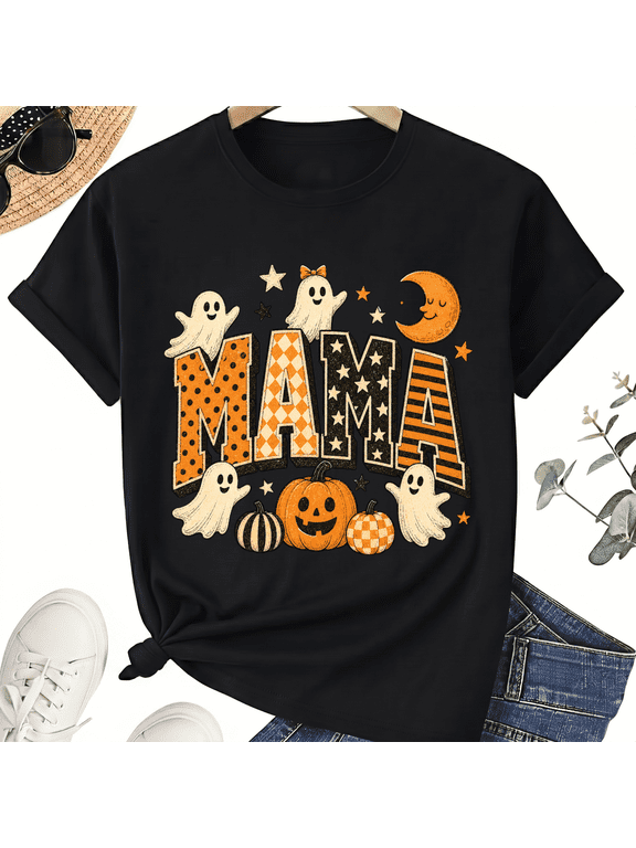 Patterned Mama Mom Ghosts Moon Pumpkin Cute Halloween for Women Cotton Graphic T-Shirt