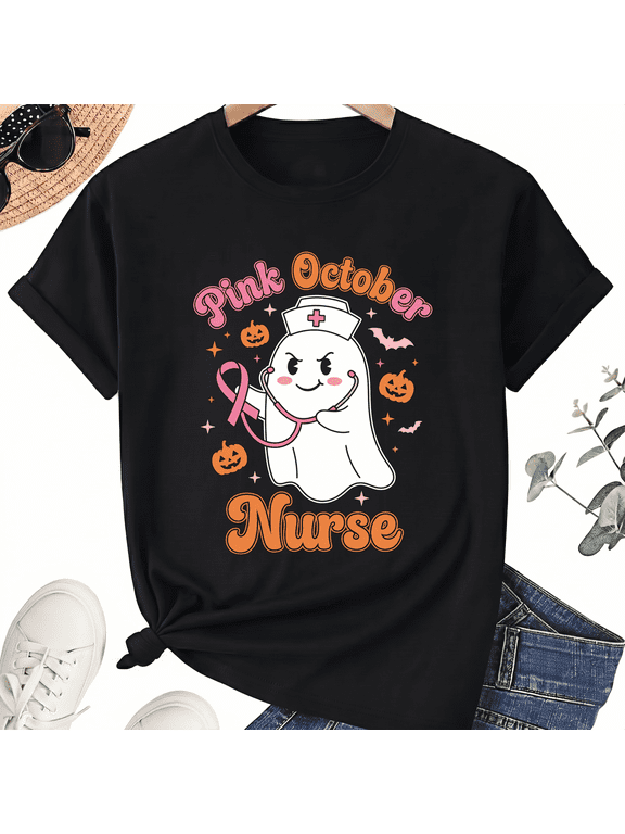 Pink October Nurse Ghost Stethoscope Ribbon Halloween Breast Cancer Awareness for Women Cotton Graphic T-Shirt