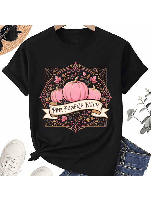 Pink Pumpkin Patch Ornate Frame Leaves Halloween Breast Cancer Awareness for Women Cotton Graphic T-Shirt