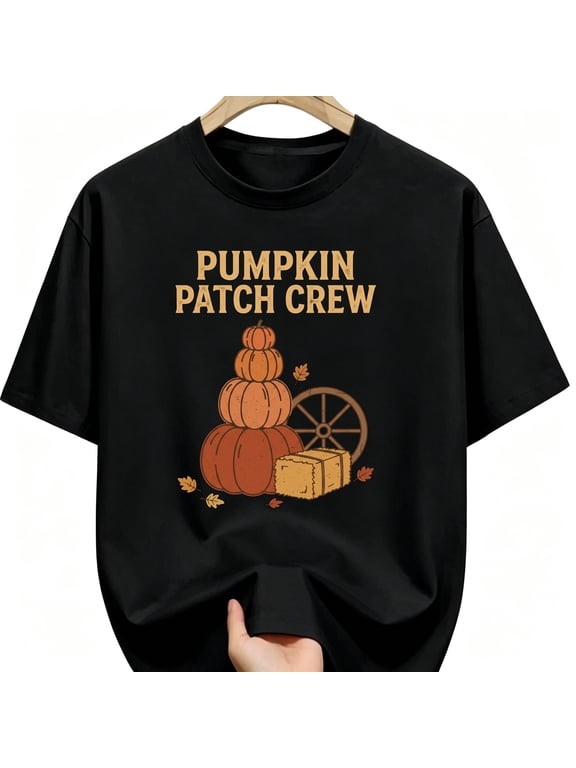 Pumpkin Patch Crew Stacked Pumpkins Wagon Wheel Family Halloween Cotton Unisex Graphic T-Shirt