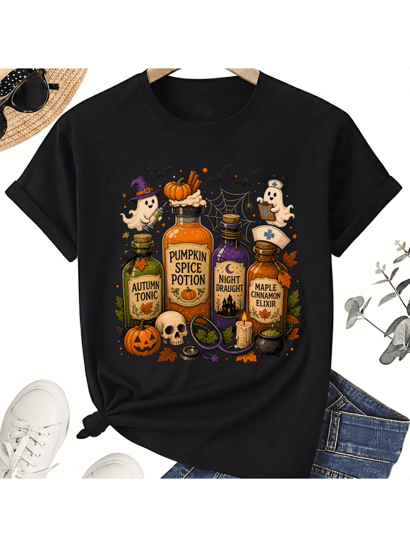 Pumpkin Spice Potion Funny Halloween Nurse Ghost Apothecary Cotton Unisex Graphic T-Shirt