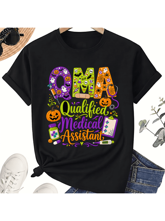 QMA Qualified Medical Assistant Funny Halloween Nurse Ghost Cotton Unisex Graphic T-Shirt