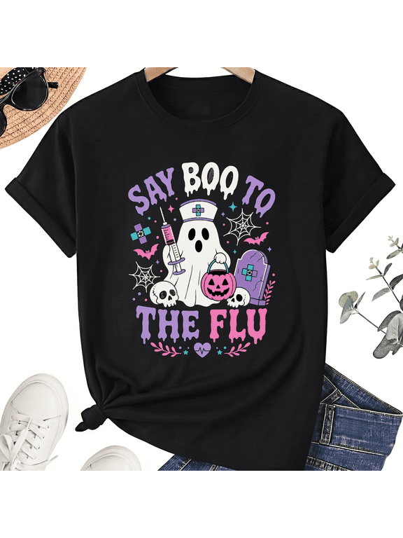 Say Boo To The Flu Funny Halloween Nurse Ghost Shot Cotton Unisex Graphic T-Shirt
