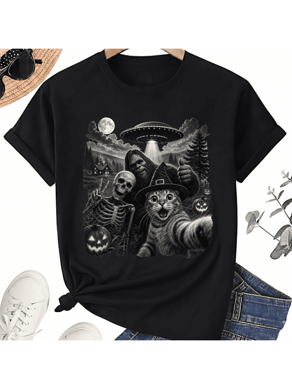 Selfie Witch Cat With Bigfoot Skeleton UFO Funny Halloween Mashup Cotton Unisex Graphic T-Shirt