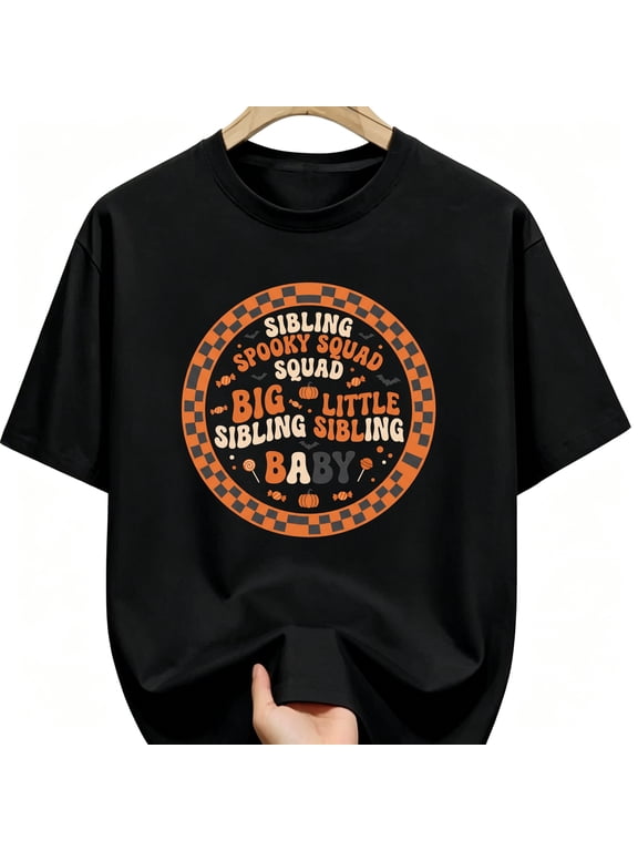Sibling Spooky Squad Big Little Baby Pumpkins Checker Family Halloween Cotton Unisex Graphic T-Shirt