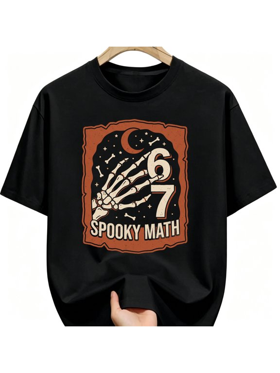 Skeleton Hand Holding 67 Bones Moon Frame Halloween Cotton Unisex Graphic T-Shirt