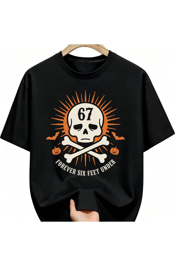 Skull 67 Crossbones Sunburst Bats Pumpkins Halloween Cotton Unisex Graphic T-Shirt